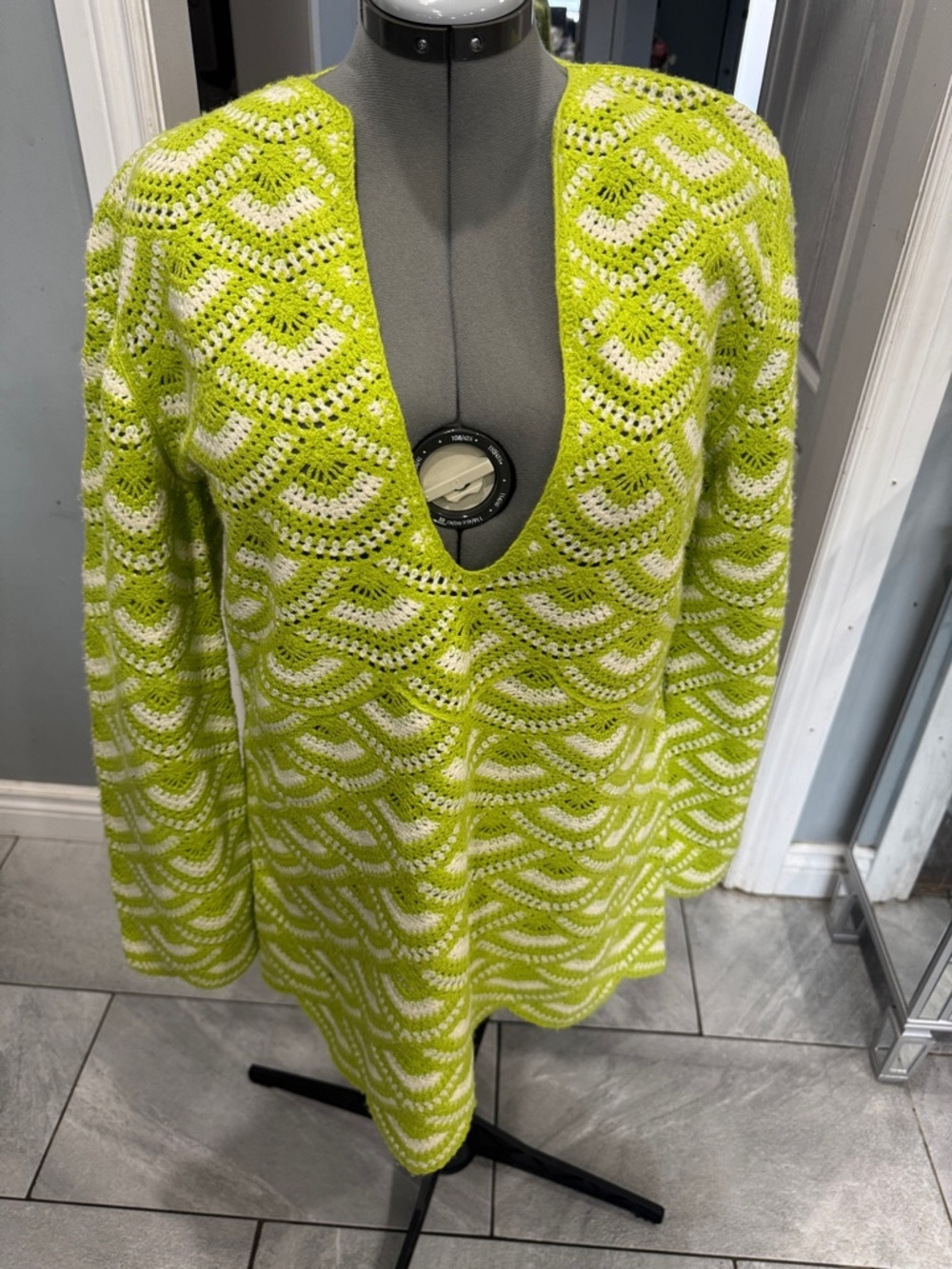 Celandine- Lime Green & Cream Crochet Tunic Sweater